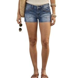 Truce Shorts Juniors 9 Blue Denim Low Rise Hot Pants Embroidered Stretch